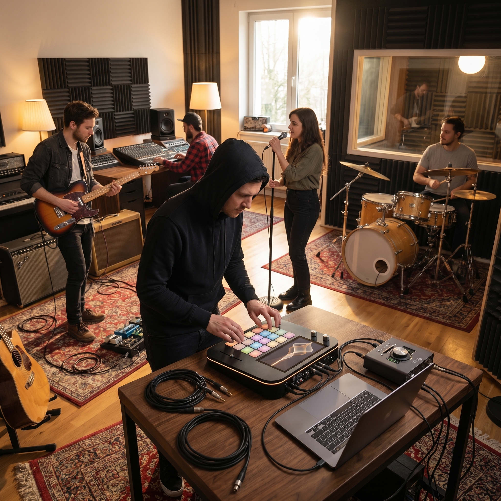 A full band tracking live in a carpeted live room while a producer finger-drums on the MCP-1 Obsidian
