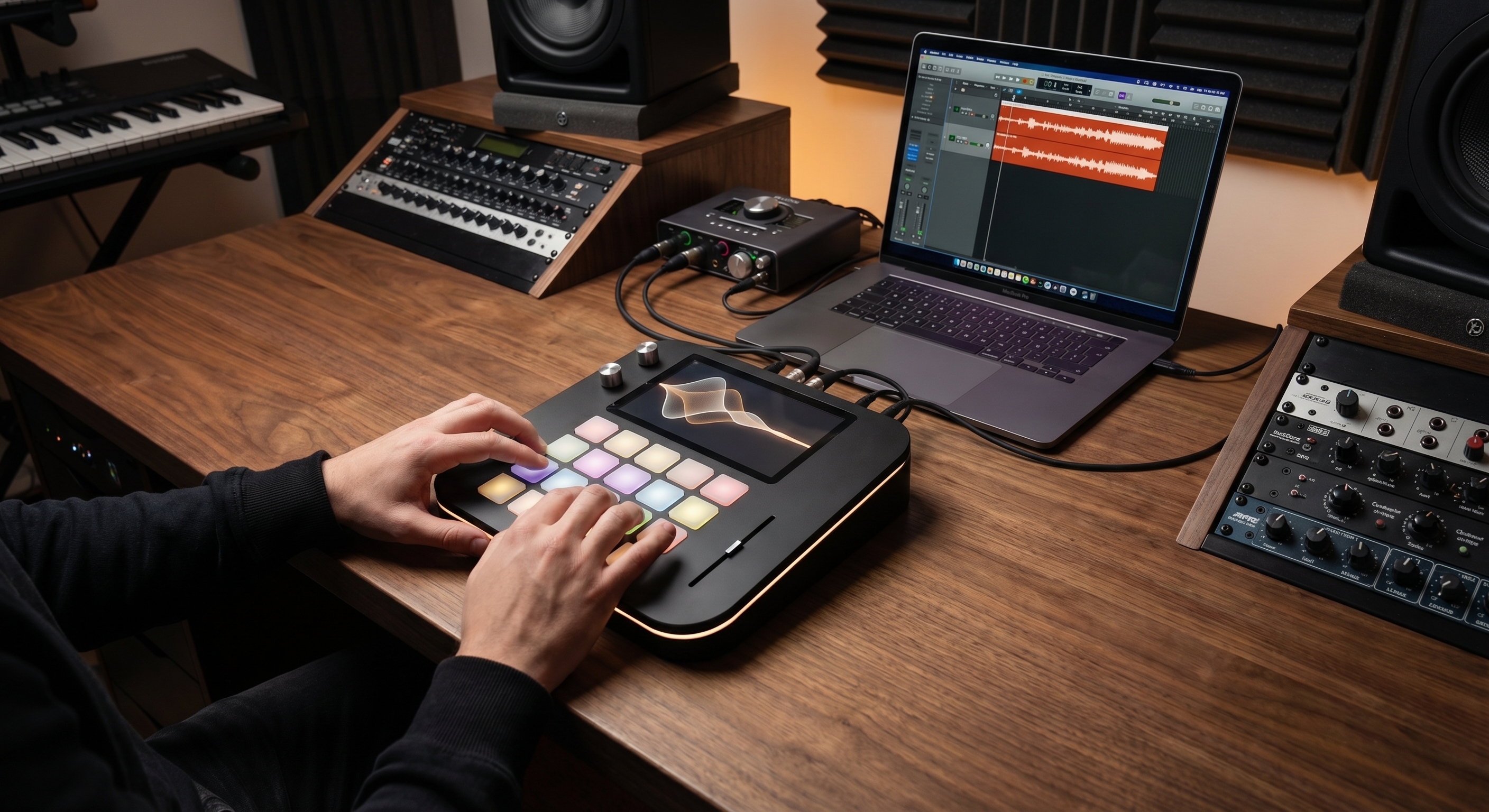 MCP-1 Obsidian on a producer's desk, illuminated pads glowing amber beside a laptop running a DAW